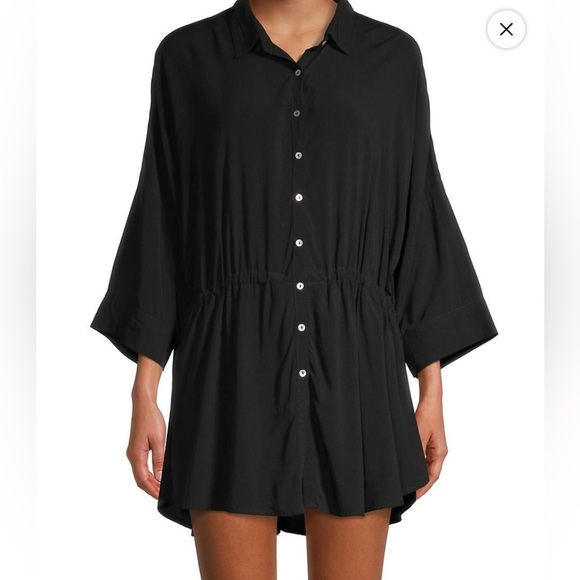 L SPACE Size XS/S Black Pacifica Ruched Mini Tunic Shirt Dress 3/4 Sleeve NWT - Picture 1 of 5